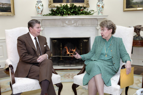 U.S. President Ronald Reagan meeting with U.S. Ambassador to the United Nations Jeane Kirkpatrick