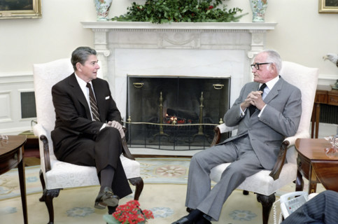 U.S. President Ronald Reagan meeting with Arizona Senator Barry Goldwater in the Oval Office of the