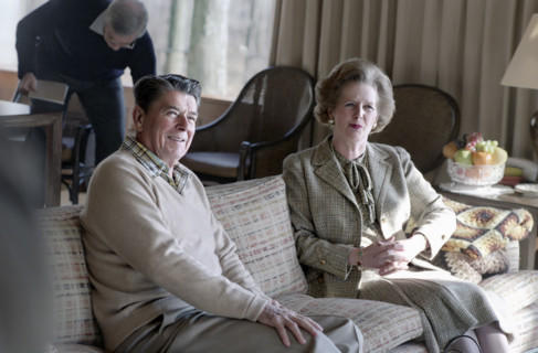 U.S. President Ronald Reagan with British  Prime Minister Margaret Thatcher during a working
