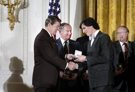 U.S. President Ronald Reagan during a ceremony to present the 1985 National Technology Awards to