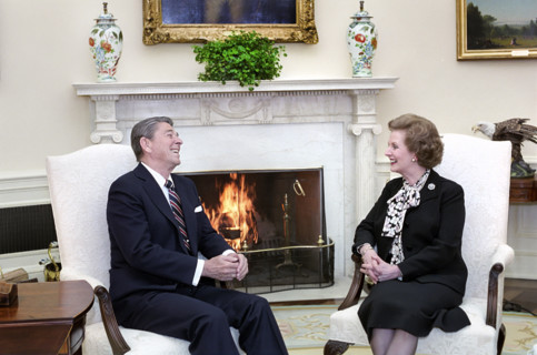 U.S. President Ronald Reagan meeting with British Prime Minister Thatcher in the Oval Office of the