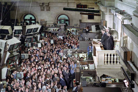 U.S. President addressing New York Stock Exchange employees during visit to the trading floor, New