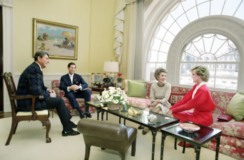 U.S. President Ronald Reagan and U.S. First Lady Nancy Reagan having tea with Prince Charles and