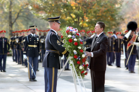 U.S. President Ronald Reagan laying wreath at Tomb of The Unknown Soldier, Arlington National