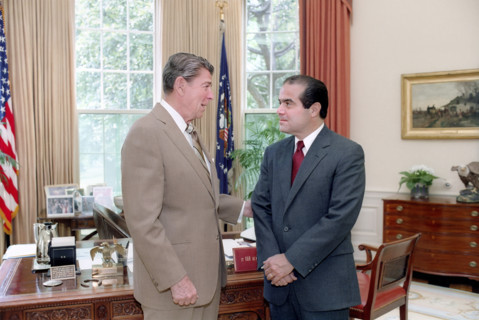U.S. President Ronald Reagan meeting with Judge Antonin Scalia, Reagan's nominee for Associate