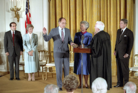 U.S. President Ronald Reagan watching swearing-In ceremony for Chief Justice William Rehnquist by