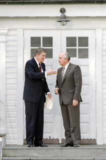 U.S. President Ronald Reagan with Soviet General Secretary Mikhail Gorbachev at the end of second