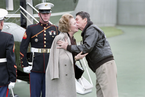 U.S. President Ronald Reagan welcoming British Prime Minister Margaret Thatcher before their