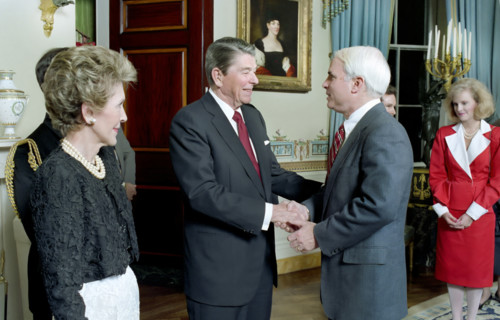 U.S. President Ronald Reagan and U.S. First Lady Nancy Reagan greeting John McCain in the White