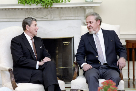 U.S. President Ronald Reagan meeting with Judge Robert Bork in the White House Oval Office,