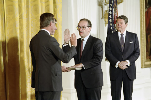 U.S. Vice President George H.W. Bush  swearing-In Alan Greenspan as Chairman of Federal Reserve