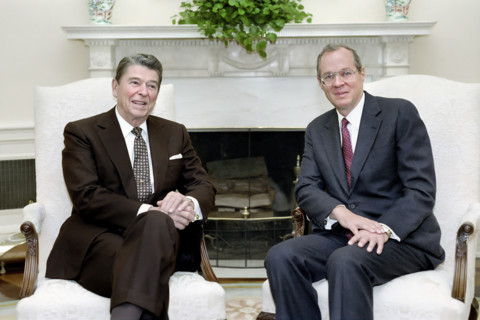 U.S. President Ronald Reagan meeting with Judge Anthony Kennedy in the White House Oval Office,