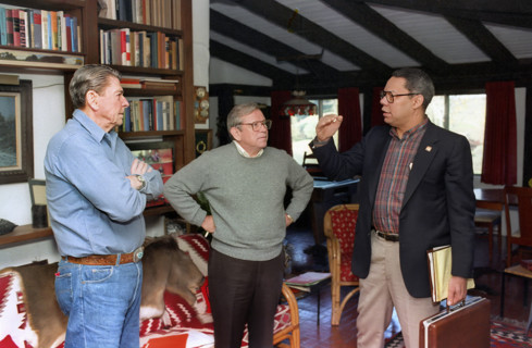 U.S. President Ronald Reagan (left) with Chief of Staff Howard Baker (center) and National Security