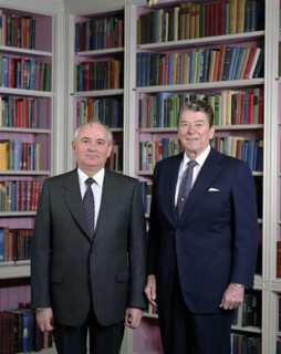 U.S. President Ronald Reagan and Soviet General Secretary Mikhail Gorbachev in the White House
