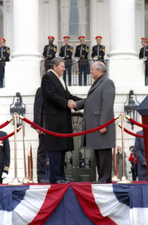 U.S. President Ronald Reagan and Soviet General Secretary Mikhail Gorbachev shaking hands at