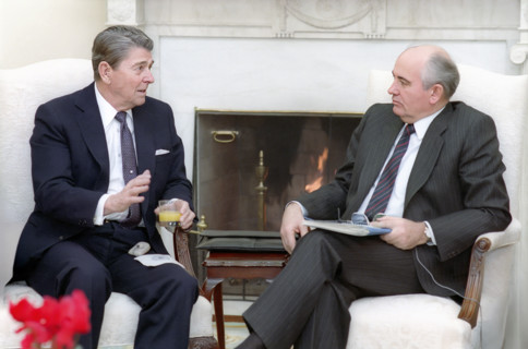U.S. President Ronald Reagan and Soviet General Secretary Mikhail Gorbachev having their first