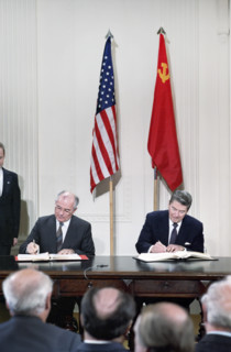 U.S. President Ronald Reagan and Soviet General Secretary Mikhail Gorbachev signing INF Treaty,