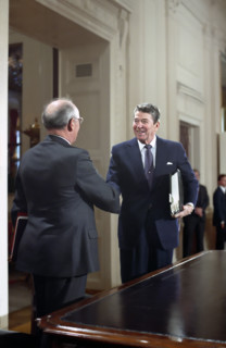 U.S. President Ronald Reagan and Soviet General Secretary Mikhail Gorbachev shaking hands after