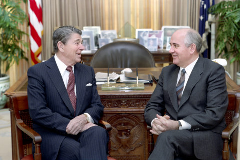 U.S. President Ronald Reagan and Soviet General Secretary Mikhail Gorbachev having meeting in the