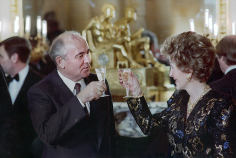 Soviet General Secretary Mikhail Gorbachev and U.S. First Lady Nancy Reagan toasting champagne at