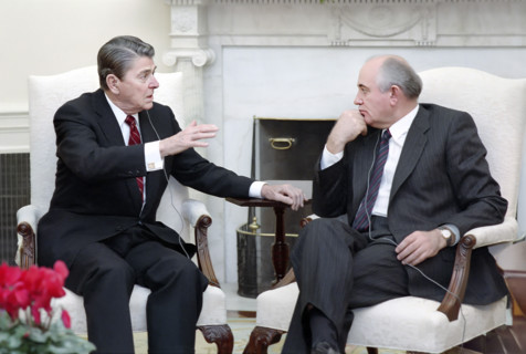U.S. President Ronald Reagan and Soviet General Secretary Mikhail Gorbachev having meeting in the