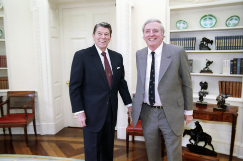 U.S. President Ronald Reagan meeting with William F Buckley in White House Oval Office, Washington,