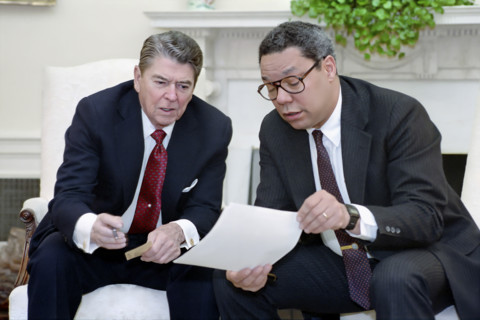 U.S. President Ronald Reagan holding a National Security Council meeting on the Persian Gulf with