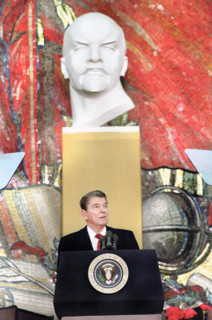 U.S. President Ronald Reagan giving a speech at Moscow State University during Moscow Summit,