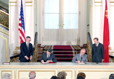 U.S. President Ronald Reagan and Soviet General Secretary Mikhail Gorbachev signing the