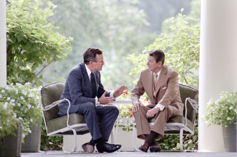 U.S. President Ronald Reagan and U.S. Vice President George H.W. Bush having discussion on the