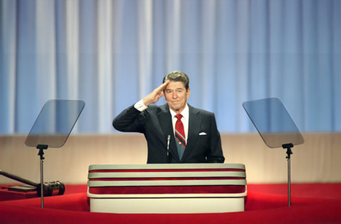 U.S. President Ronald Reagan saluting the crowd during 1988 Republican National Convention,