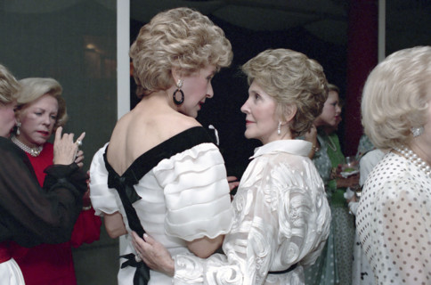 U.S. First Lady Nancy Reagan with American socialite Betsy Bloomingdale at a private party at the
