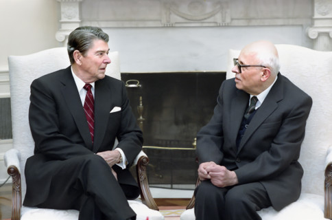 U.S. President Ronald Reagan meeting with Soviet dissident Andrei Sakharov in White House Oval