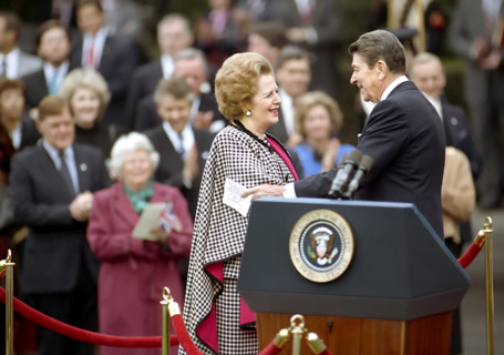 U.S. President Ronald Reagan with British Prime Minister Margaret Thatcher during Thatcher's