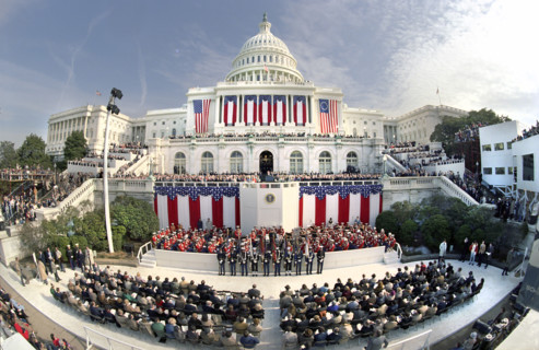U.S. President Ronald Reagan delivering inaugural address, west side of U.S. Capitol building,