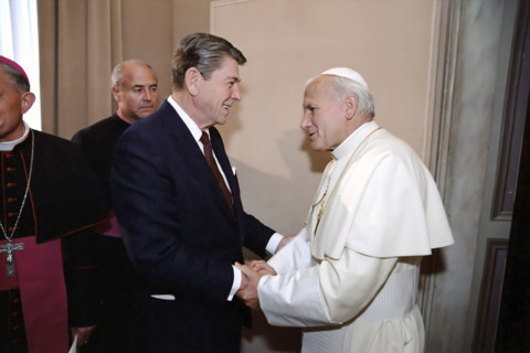 U.S. President Ronald Reagan meeting with Pope John Paul II during visit to papal library,