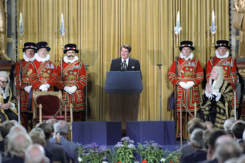 U.S. President Ronald Reagan addressing British Parliament, London, England, UK, President Ronald