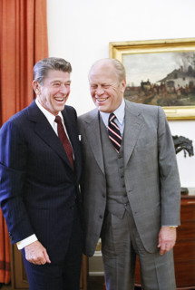 U.S. President Ronald Reagan meeting with former U.S. President Gerald Ford to discuss his upcoming