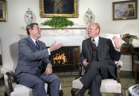 U.S. President Ronald Reagan meeting with former U.S. President Gerald Ford, White House Oval