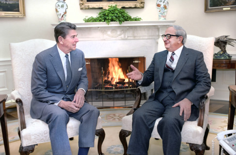 U.S. President Ronald Reagan meeting with President Yitzhak Navon of Israel, White House Oval