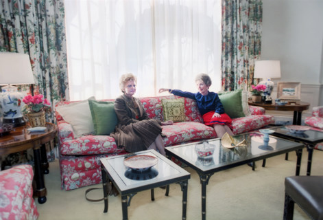 U.S. First Lady Nancy Reagan meeting with former U.S. First Lady Betty Ford in White House West
