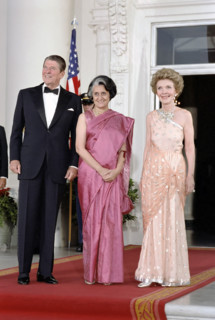 U.S. President Ronald Reagan and U.S. First Lady Nancy Reagan with Prime Minister Indira Gandhi of
