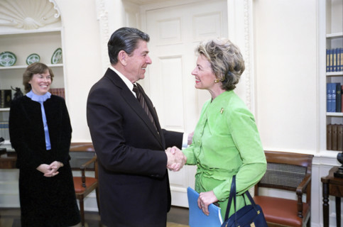 U.S. President Ronald Reagan meeting with American conservative activist Phyllis Schlafly in White