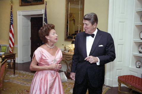 U.S. President Ronald Reagan talking with Princess Margaret of the United Kingdom at a private