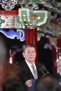 U.S. President Ronald Reagan delivering speech at reception for members of the American community,