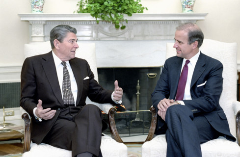 President Ronald Reagan meeting with U.S. Senator Joseph Biden in White House Oval Office,