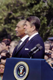 U.S. President Ronald Reagan and Egyptian President Anwar El Sadat on the White House south lawn at