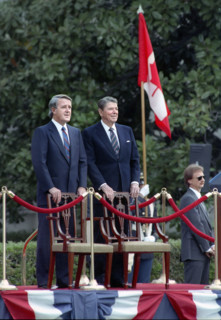 U.S. President Ronald Reagan with Prime Minister Brian Mulroney of Canada during Mulroney's arrival