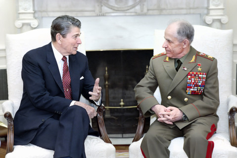 U.S. President Ronald Reagan meeting with Marshal of the Soviet Union Sergey Akhromeyev in the