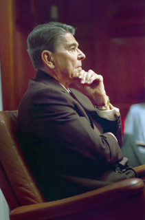 U.S. President Ronald Reagan sitting during a National Security Planning Group (NSPG) meeting in